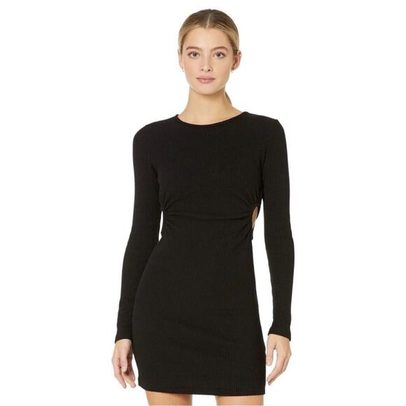 Monrow Black Ribbed Cutout Long Sleeve Bodycon Mini Dress L NWT - Picture 1 of 8